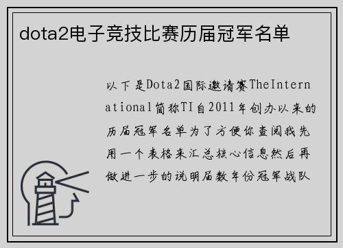 dota2电子竞技比赛历届冠军名单