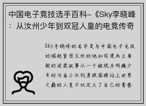 中国电子竞技选手百科-《Sky李晓峰：从汝州少年到双冠人皇的电竞传奇》